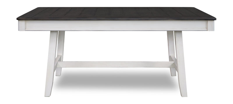 Ensemble de table de salle à manger Echo 6 pièces avec table de 70 po (L), tiroirs de rangement, base à tréteaux, banc et 4 chaises - blanc-gris