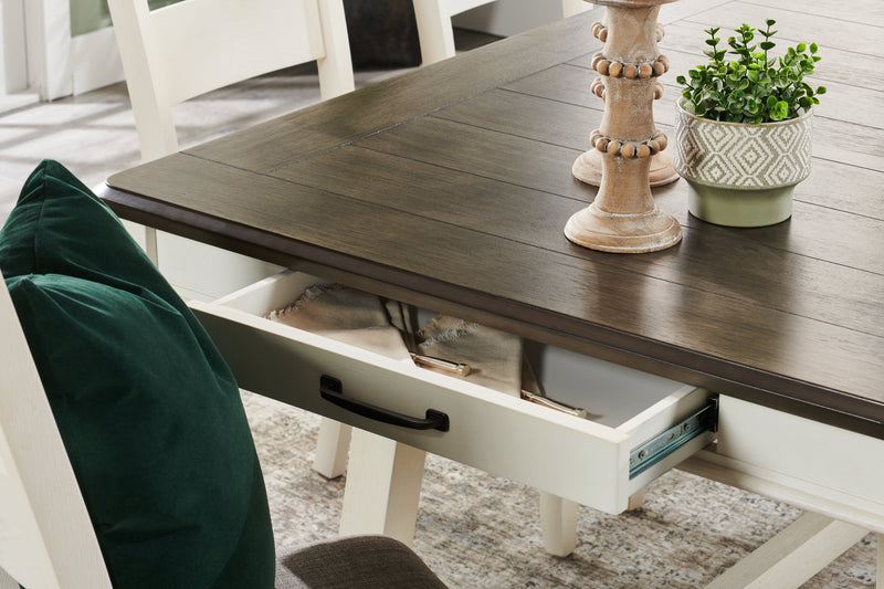 Ensemble de table salle à manger Echo 7 pièces avec table de 70 po (L), tiroirs de rangement, base à tréteaux et 6 chaises - blanc-gris