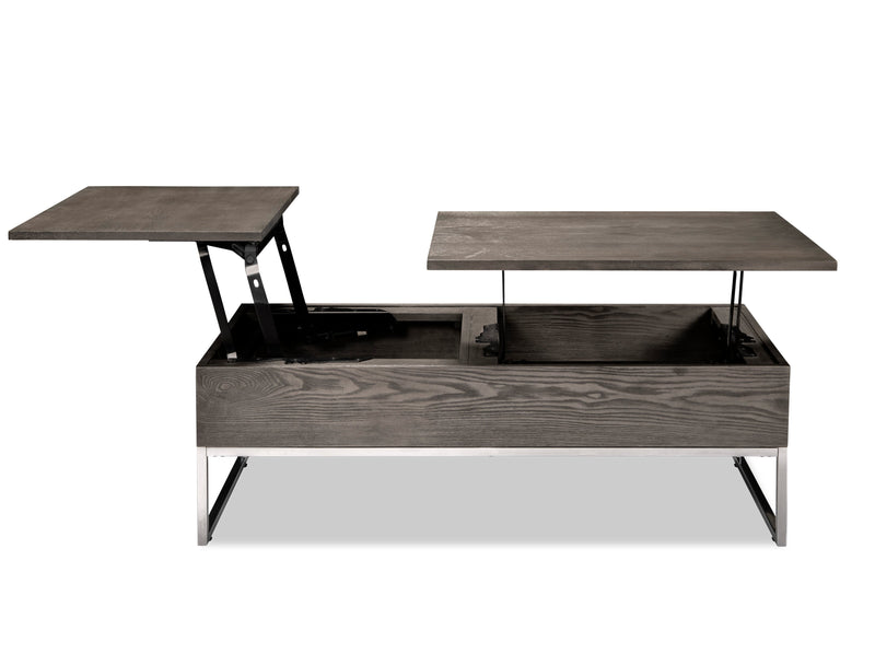 Table à café moderne Echo de 47,25 po avec dessus relevable et rangement - brune avec pattes en métal argenté