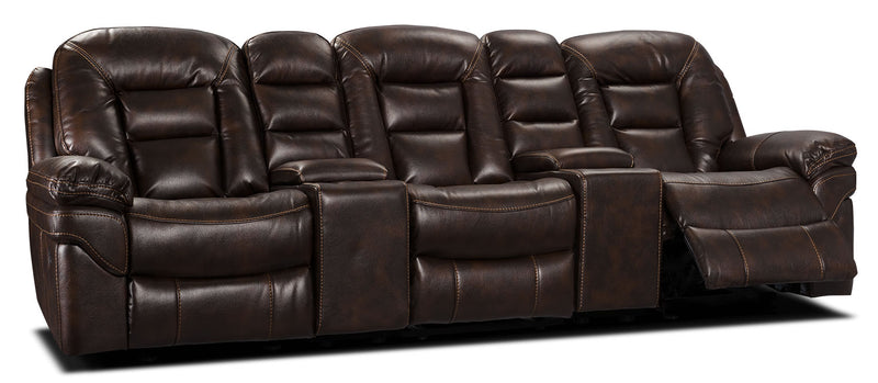 Sofa sectionnel inclinable Leo 5 pièces de style cinéma maison en tissu d’apparence cuir avec consoles de rangement et porte-gobelets - brun noyer