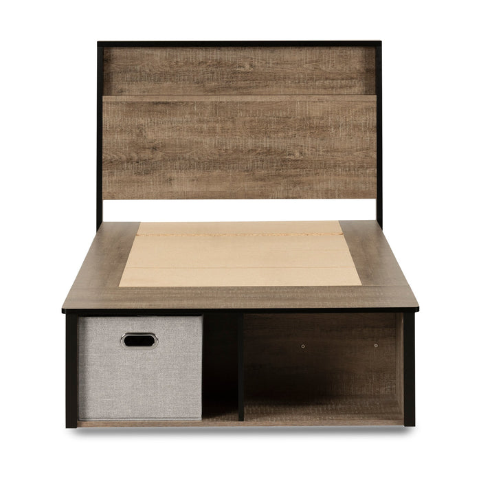 Ensemble lit plateforme et tête de lit à panneau Everley avec rangement et paniers intégrés, deux couleurs - format lit simple