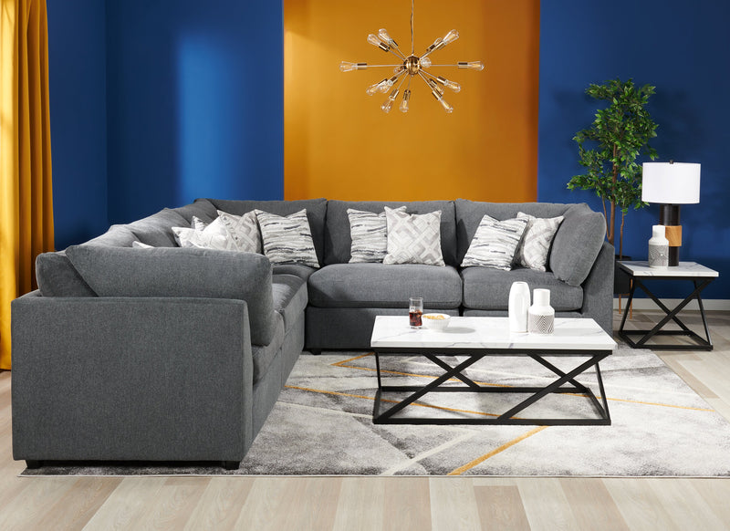 Sofa sectionnel modulaire Evolve de Scott Living 5 pièces en tissu d’apparence lin avec coussins en duvet et plumes - gris anthracite