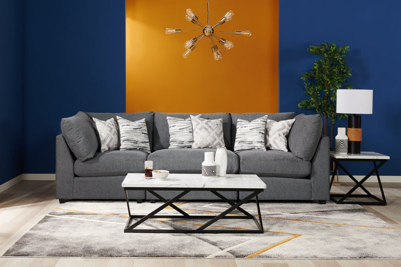 Fauteuil modulaire en coin Evolve de Scott Living de 39,5 po en tissu d’apparence lin avec coussins en duvet et plumes - gris anthracite