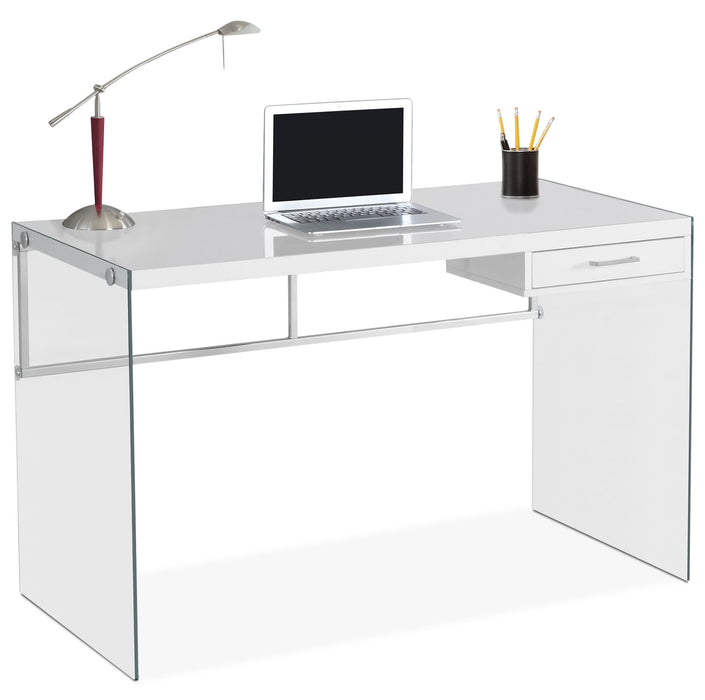 Bureau d’ordinateur Kylie de 48 po avec tiroir - blanc avec pattes en verre