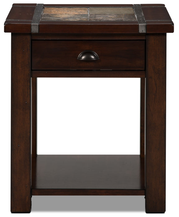 Table de bout rustique Roanoke de 22 po avec rangement et tablette - bois cerisier foncé et incrustation d’ardoise