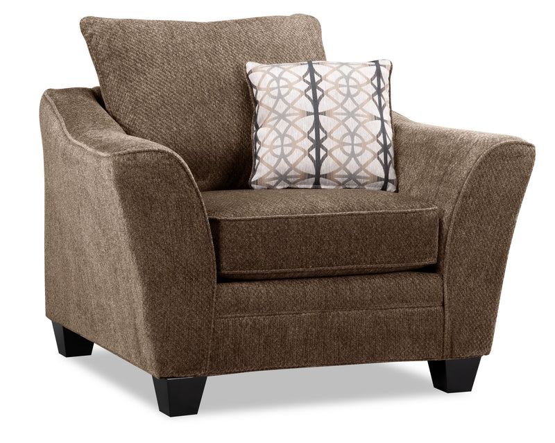 Fauteuil Febe de 43 po de format condo fabriqué au Canada en tissu de chenille avec accoudoirs évasés et pattes en bois - brun