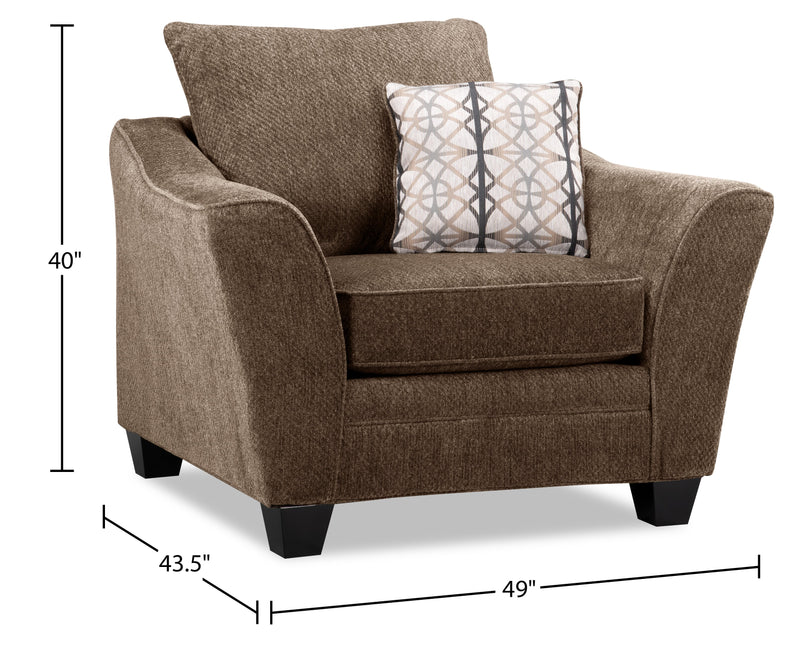 Fauteuil Febe de 49 po fabriqué au Canada en tissu de chenille avec accoudoirs évasés et pattes en bois - brun