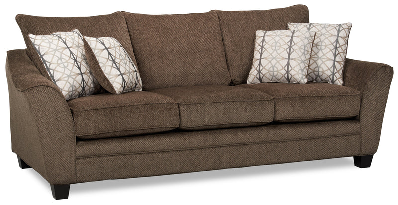 Grand sofa-lit Febe de 100 po fabriqué au Canada en tissu de chenille avec accoudoirs évasés et coussins décoratifs - brun