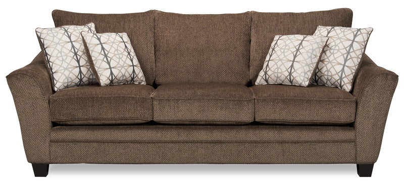 Sofa-lit double Febe de 85 po de format condo fabriqué au Canada en tissu de chenille avec accoudoirs évasés et coussins décoratifs - brun