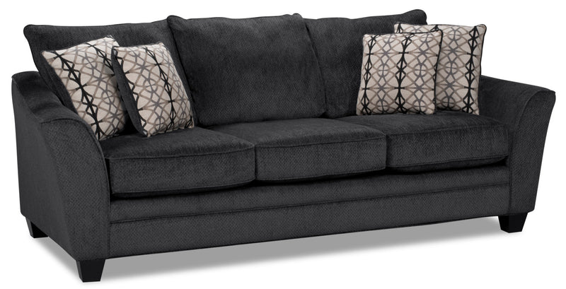 Sofa Febe de 100 po fabriqué au Canada en tissu de chenille avec accoudoirs évasés et coussins décoratifs - gris anthracite