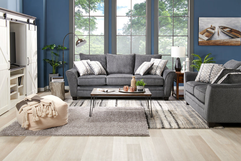 Sofa Febe de 100 po fabriqué au Canada en tissu de chenille avec accoudoirs évasés et coussins décoratifs - gris anthracite