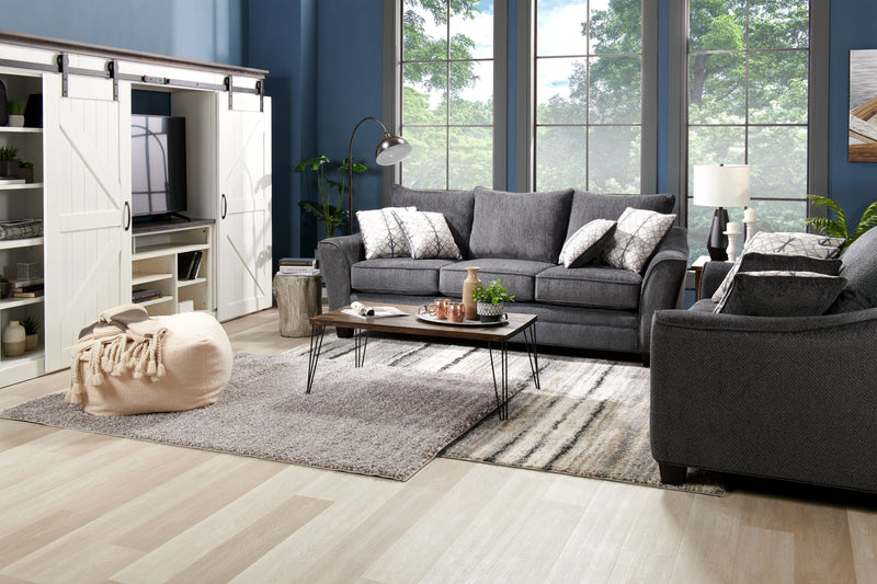 Sofa Febe de 100 po fabriqué au Canada en tissu de chenille avec accoudoirs évasés et coussins décoratifs - gris anthracite