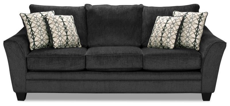Sofa Febe de 100 po fabriqué au Canada en tissu de chenille avec accoudoirs évasés et coussins décoratifs - gris anthracite