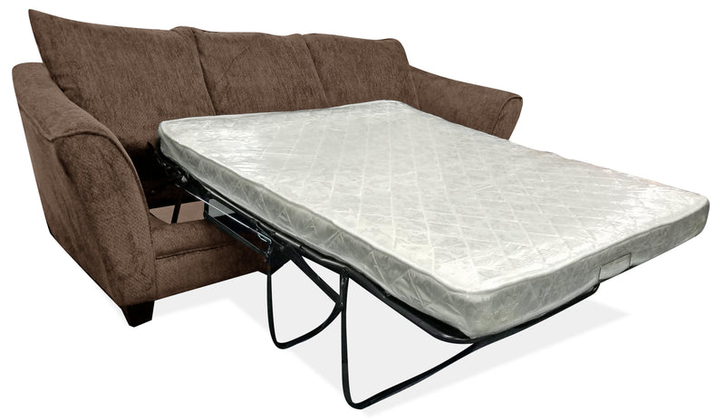 Grand sofa-lit Febe de 100 po fabriqué au Canada en tissu de chenille avec accoudoirs évasés et coussins décoratifs - brun