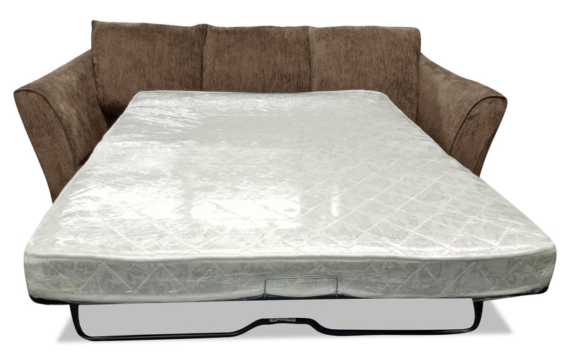 Grand sofa-lit Febe de 100 po fabriqué au Canada en tissu de chenille avec accoudoirs évasés et coussins décoratifs - brun