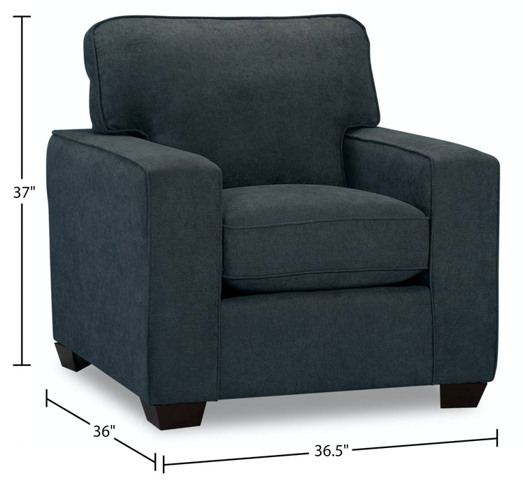 Fauteuil Fiona de 36,5 po fabriqué au Canada en tissu de chenille avec accoudoirs rectilignes - bleu marine