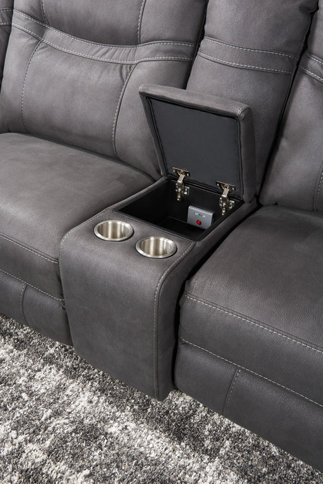 Sofa sectionnel à inclinaison électrique Floy 6 pièces en suédine avec appuie-têtes électriques, console de rangement et port USB - gris