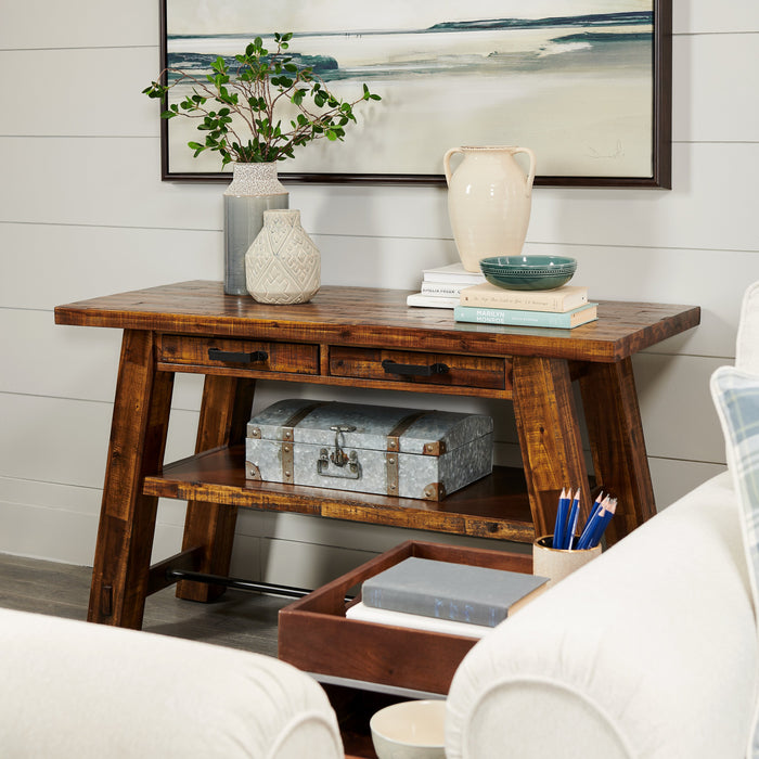 Table de salon rustique Galeveston de 50 po avec rangement et tablette - bois à grain de bois brun