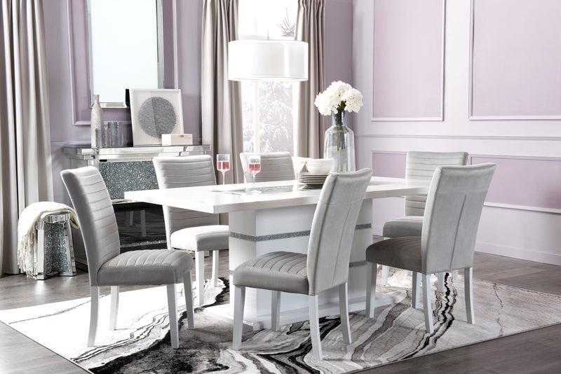 Table de salle à manger somptueuse Garbo de 78,75 po (L) avec incrustation de verre et base piédestal - blanche