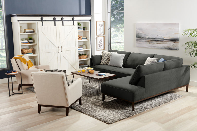 Sofa sectionnel de droite Gena de Cindy Crawford Home 2 pièces en tissu d’apparence lin avec pattes en bois - gris anthracite