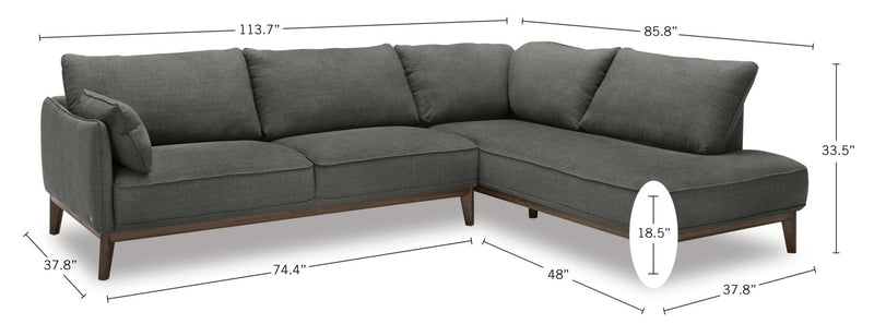 Sofa sectionnel de droite Gena de Cindy Crawford Home 2 pièces en tissu d’apparence lin avec pattes en bois - gris anthracite