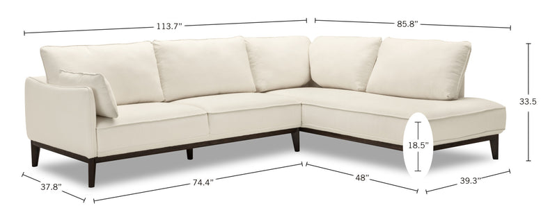 Sofa sectionnel de droite Gena de Cindy Crawford Home 2 pièces en tissu d’apparence lin avec pattes en bois - blanc coton