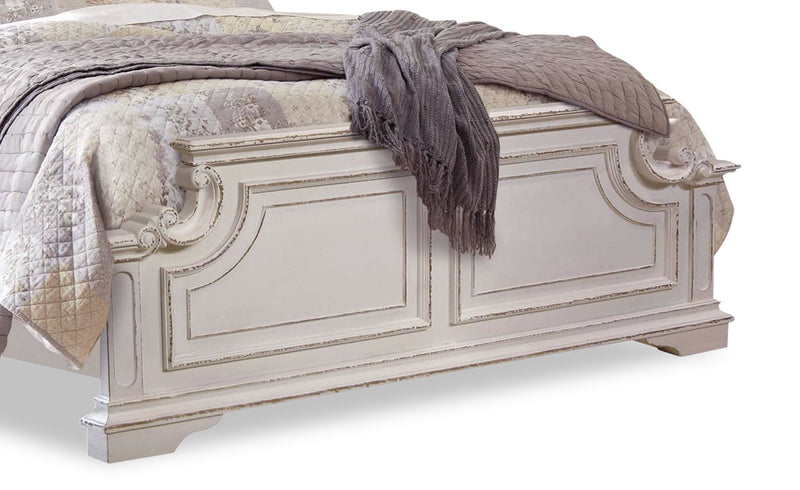 Lit à panneau Grace en bois et en tissu avec tête de lit et cadre de lit, blanc antique - format très grand lit