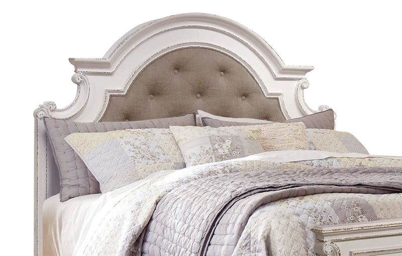 Lit à panneau Grace en bois et en tissu avec tête de lit et cadre de lit, blanc antique - format très grand lit