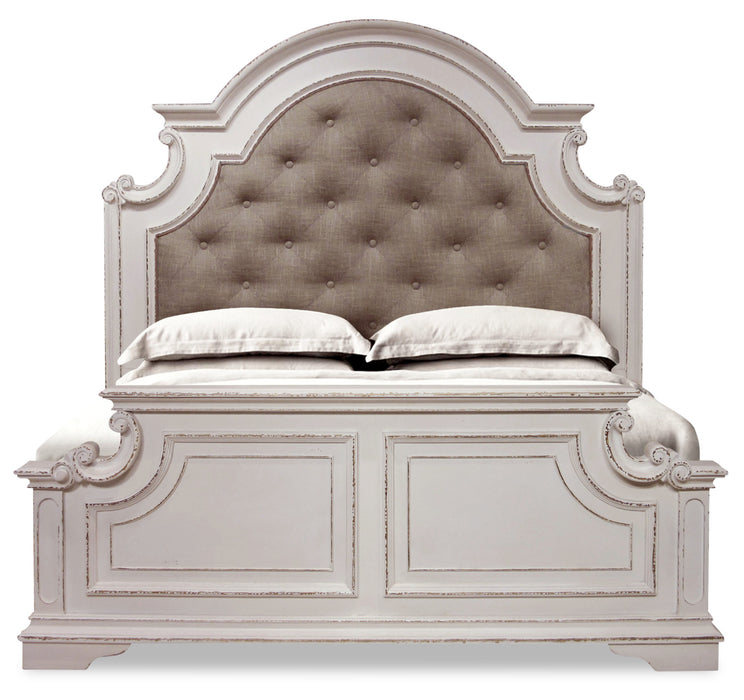 Lit à panneau Grace en bois et en tissu avec tête de lit et cadre de lit, blanc antique - format très grand lit