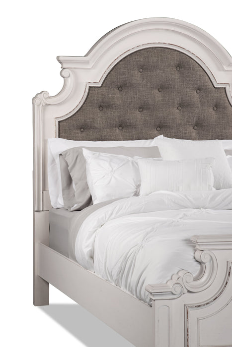 Lit à panneau Grace en bois et en tissu avec tête de lit et cadre de lit, blanc antique - format grand lit