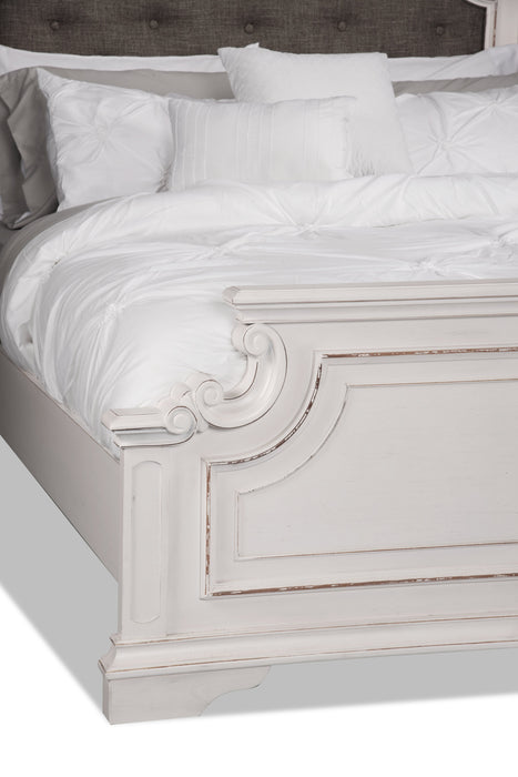 Lit à panneau Grace en bois et en tissu avec tête de lit et cadre de lit, blanc antique - format grand lit