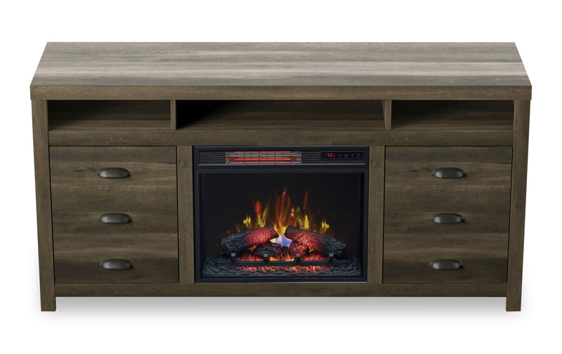 Meuble pour téléviseur rustique Haven de 64 po avec foyer électrique, rangement et système de gestion des câbles pour téléviseurs jusqu’à 70 po - brun