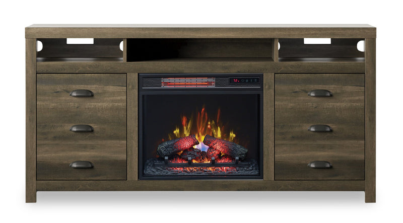 Meuble pour téléviseur rustique Haven de 64 po avec foyer électrique, rangement et système de gestion des câbles pour téléviseurs jusqu’à 70 po - brun