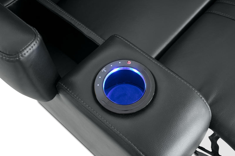 Fauteuil à inclinaison électrique Cato de 36,50 po en tissu d’apparence cuir avec appuie-tête électrique et deux porte-gobelets - noir