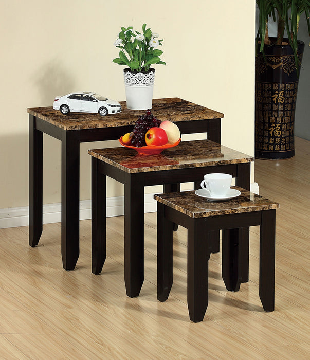 3 tables gigognes rustiques Roma de 25 po avec tablette - imitation de marbre cappuccino