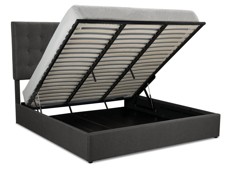 Lit plateforme rembourré Jace en tissu gris capitonné avec rangement - format très grand lit