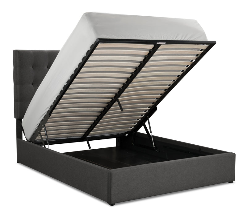 Lit plateforme rembourré Jace en tissu gris capitonné avec rangement - format lit double