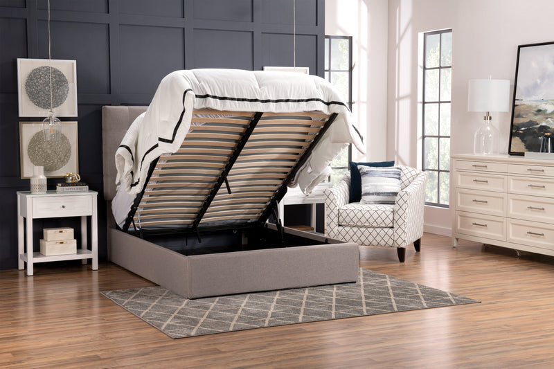 Lit plateforme rembourré Jace en tissu taupe capitonné avec rangement - format grand lit