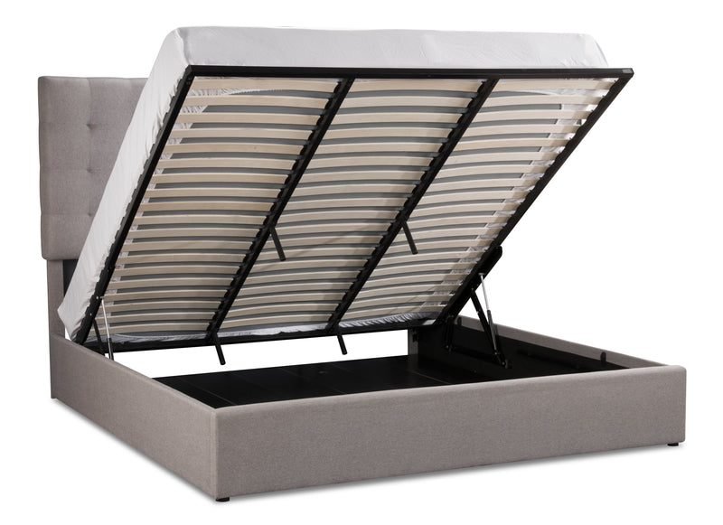 Lit plateforme rembourré Jace en tissu taupe capitonné avec rangement - format très grand lit
