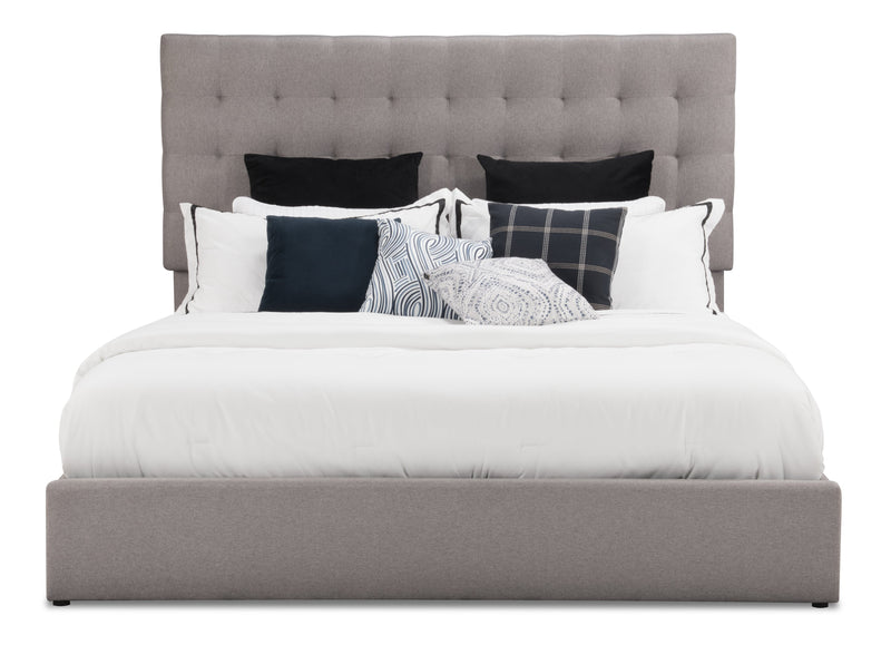 Lit plateforme rembourré Jace en tissu taupe capitonné avec rangement - format très grand lit