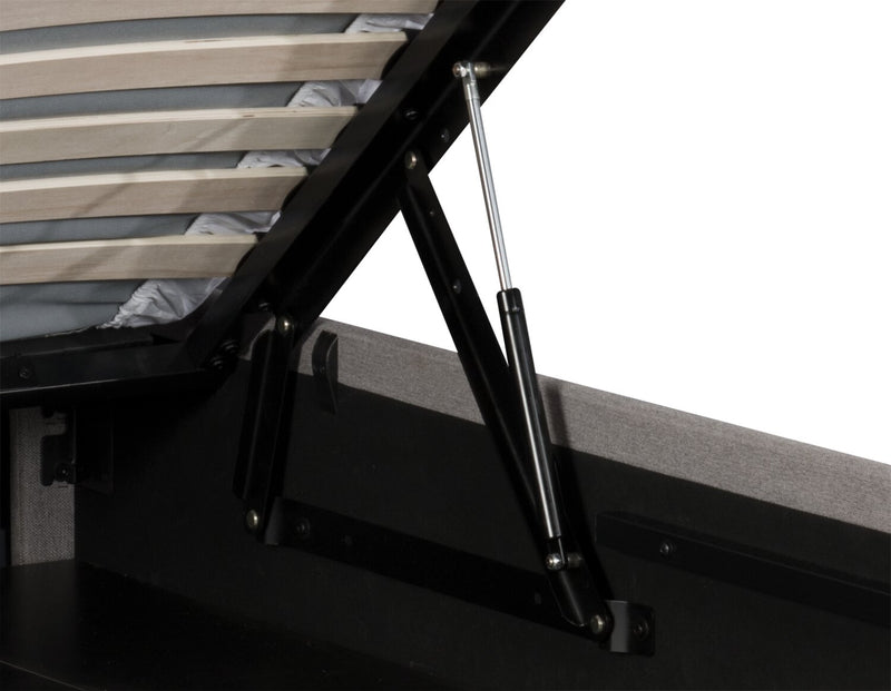 Lit plateforme rembourré Jace en tissu taupe capitonné avec rangement - format grand lit