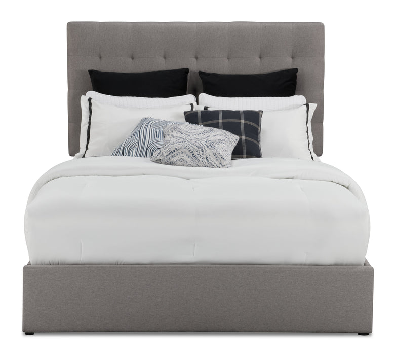 Lit plateforme rembourré Jace en tissu taupe capitonné avec rangement - format grand lit