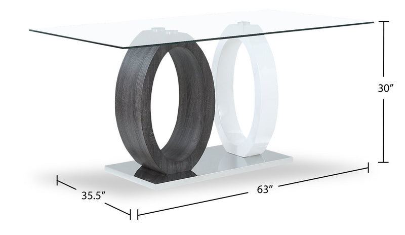 Table de salle à manger Jaye de 63 po (L) avec dessus en verre et base piédestal - grise et blanche