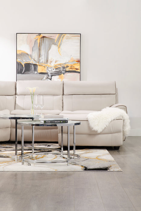 Tables à café gigognes rondes somptueuses Josie de 36 po avec dessus en verre - imitation de marbre gris avec pattes en métal