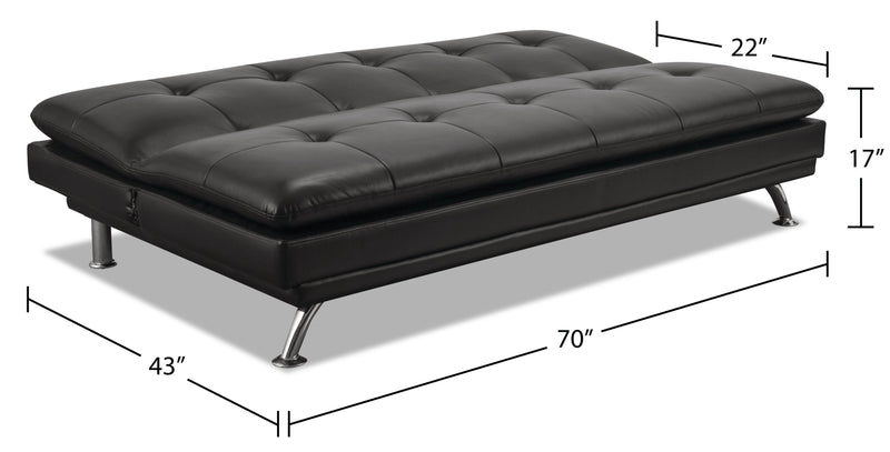 Futon June de 73,2 po en tissu d’apparence cuir avec mécanisme Klik Klak, pattes en métal et capitonnage - noir