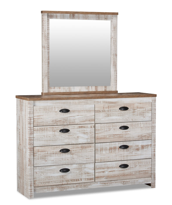 Ensemble de chambre à coucher Kaia 5 pièces avec lit à panneau, commode et miroir, blanchi - format lit double