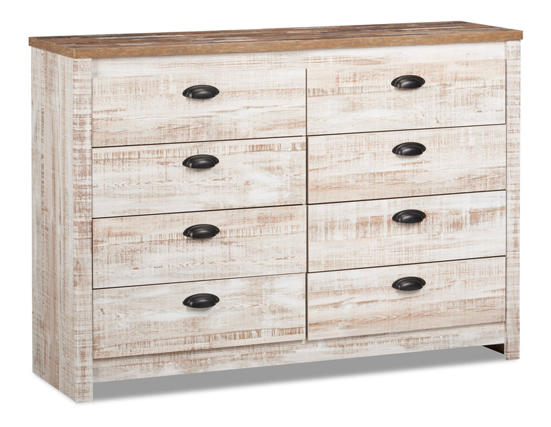 Ensemble de chambre à coucher Kaia 5 pièces avec lit à panneau, commode et miroir, blanchi - format lit double