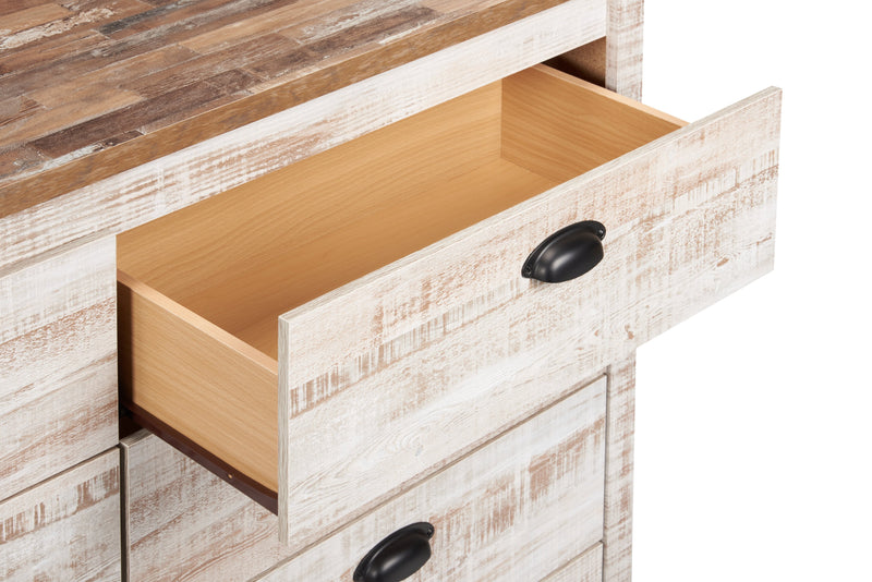 Ensemble de chambre à coucher Kaia 5 pièces avec lit à panneau, commode et miroir, blanchi - format lit double