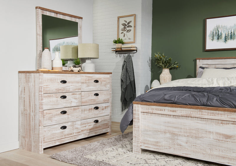 Ensemble de chambre à coucher Kaia 5 pièces avec lit à panneau, commode et miroir, blanchi - format lit double