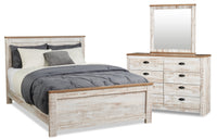 Ensemble de chambre à coucher Kaia 5 pièces avec lit à panneau, commode et miroir, blanchi - format lit double
